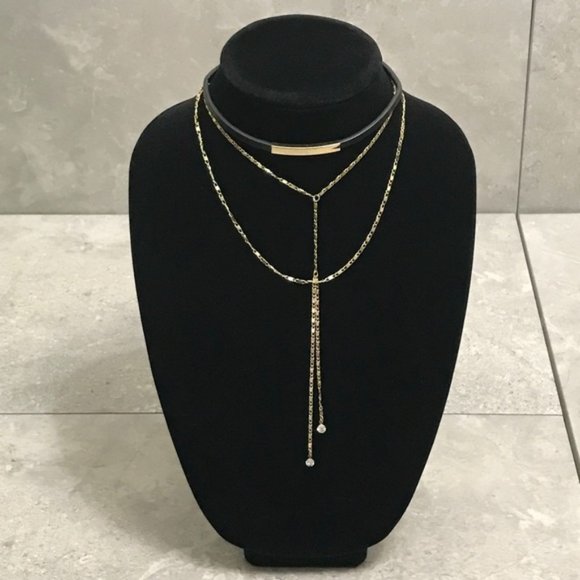 3 Layer Bar Collar Choker w/ Gold Y Chain Necklace - Picture 1 of 3